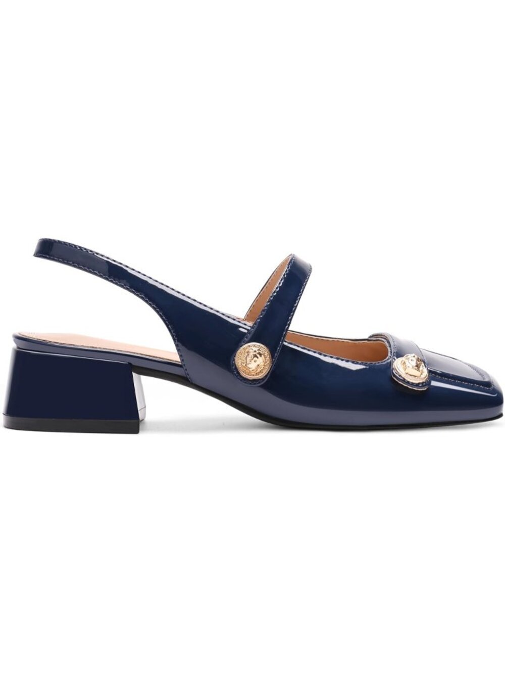 Women's Navy Blue Mary Jane Low Block Heel Closed Pull On Square Toe Pump Shoes